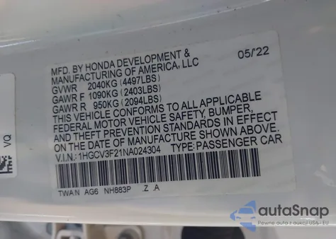 2022 Honda Accord Hybrid Sport z USA, uszkodzony, nr VIN 1HGCV3F21NA024304